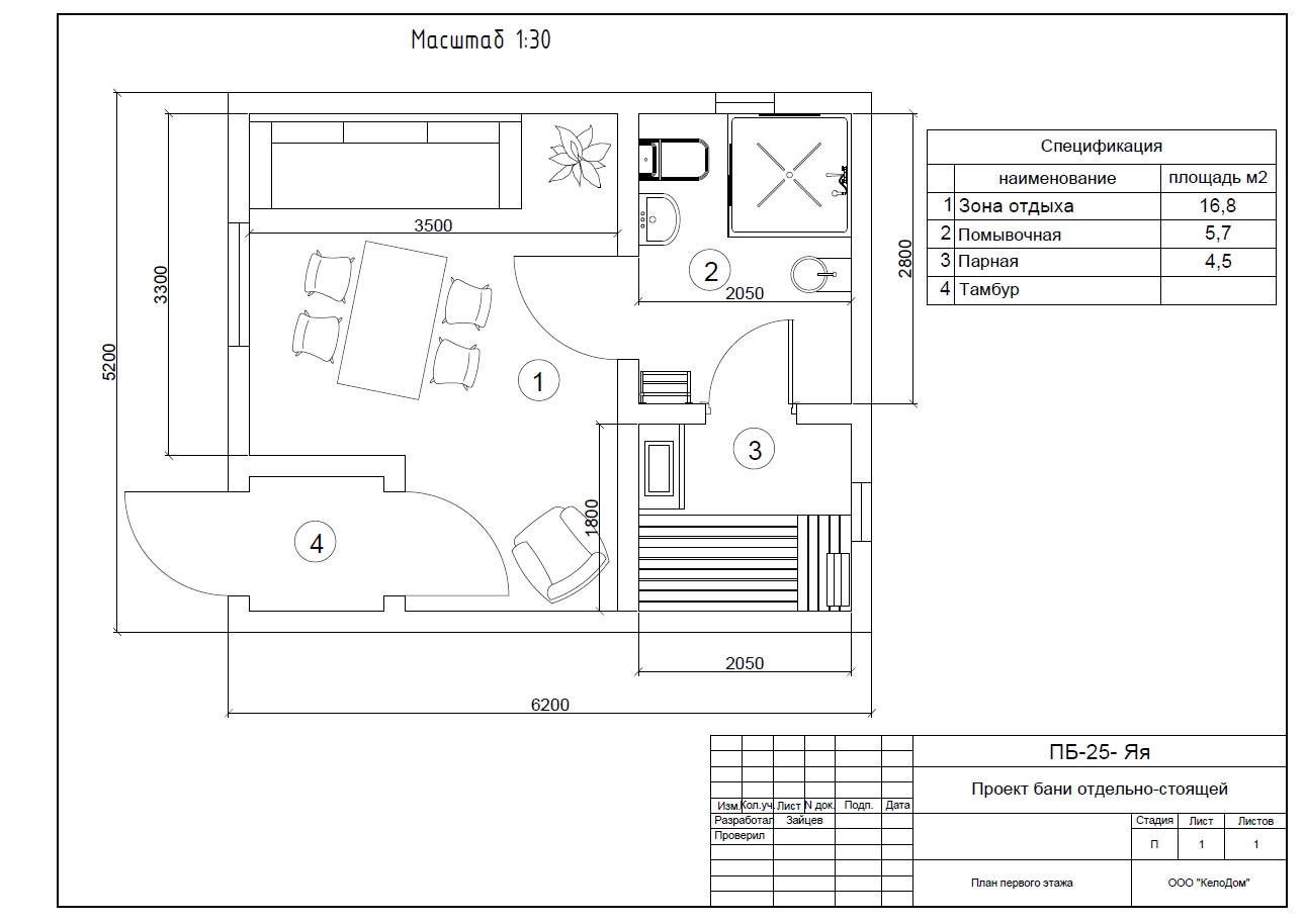 Баня из кело 6×5 м с тамбуром и зоной отдыха — проект «Яя»