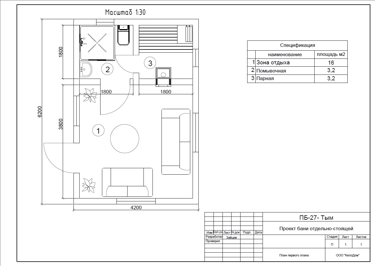 Баня из кело 6×4 м с зоной отдыха — проект «Тым»