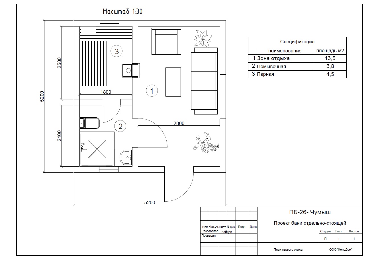 Баня из кело 5×5 м — проект «Чумыш» с комнатой отдыха