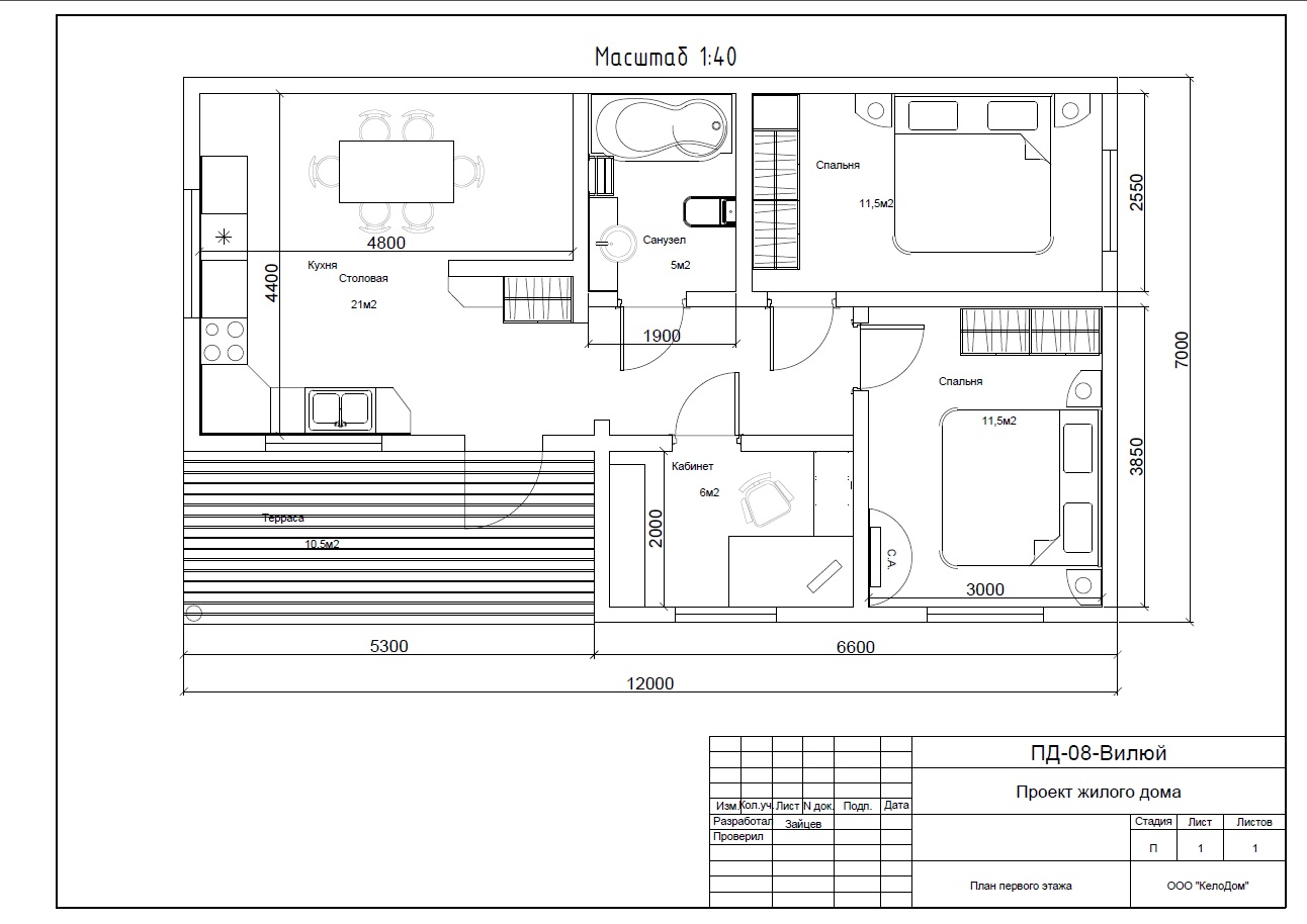 Дом из кело 12×7 м с террасой и кабинетом — проект «Вилюй»