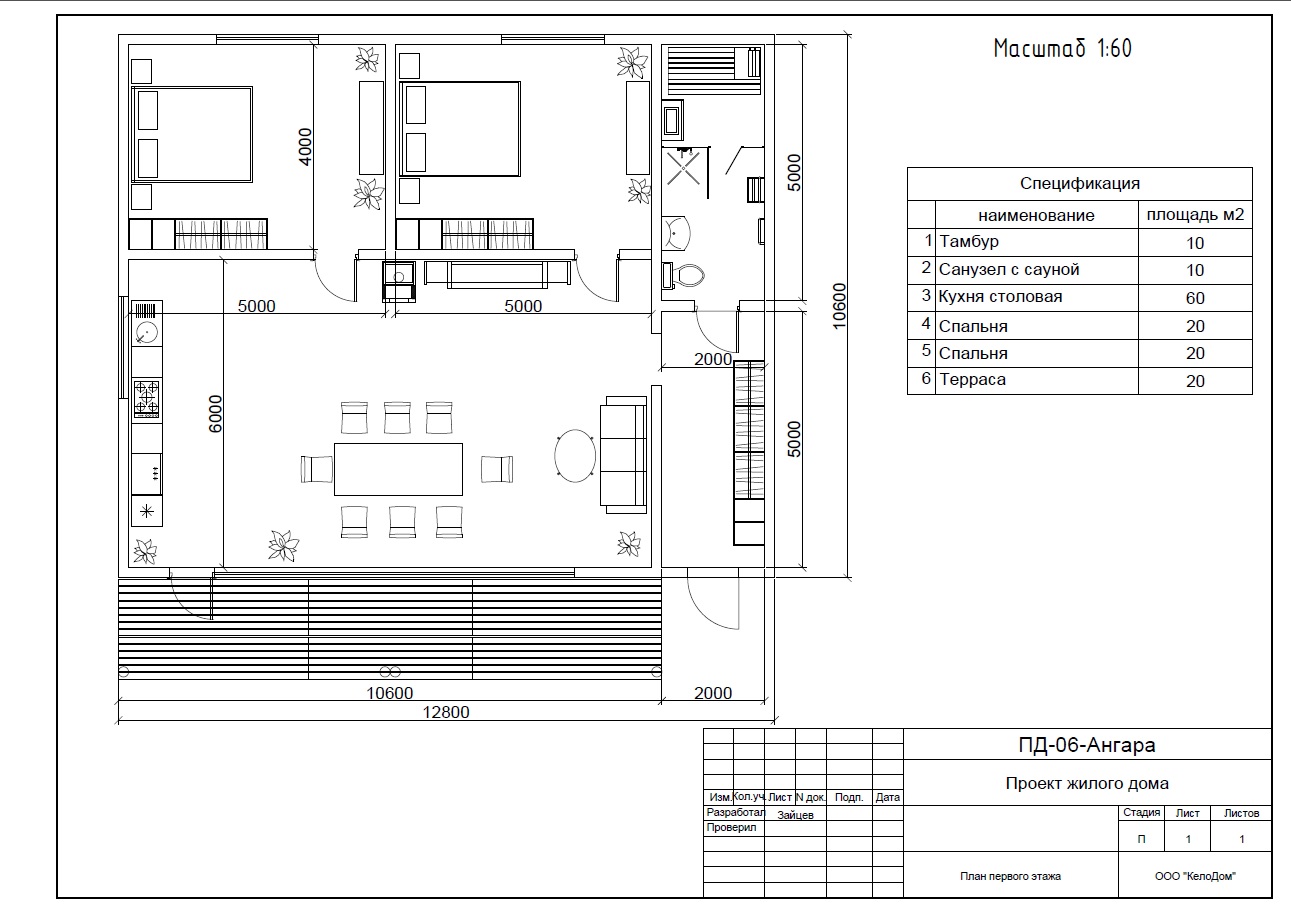 Дом из кело 12×10 м с сауной и террасой — проект «Ангара»