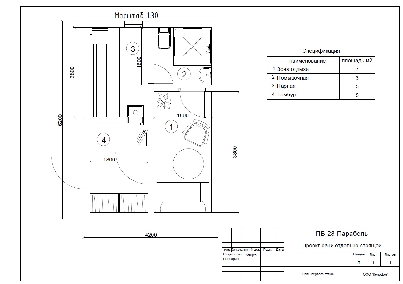 Баня из кело 6×4 м — проект «Парабель» с зоной отдыха